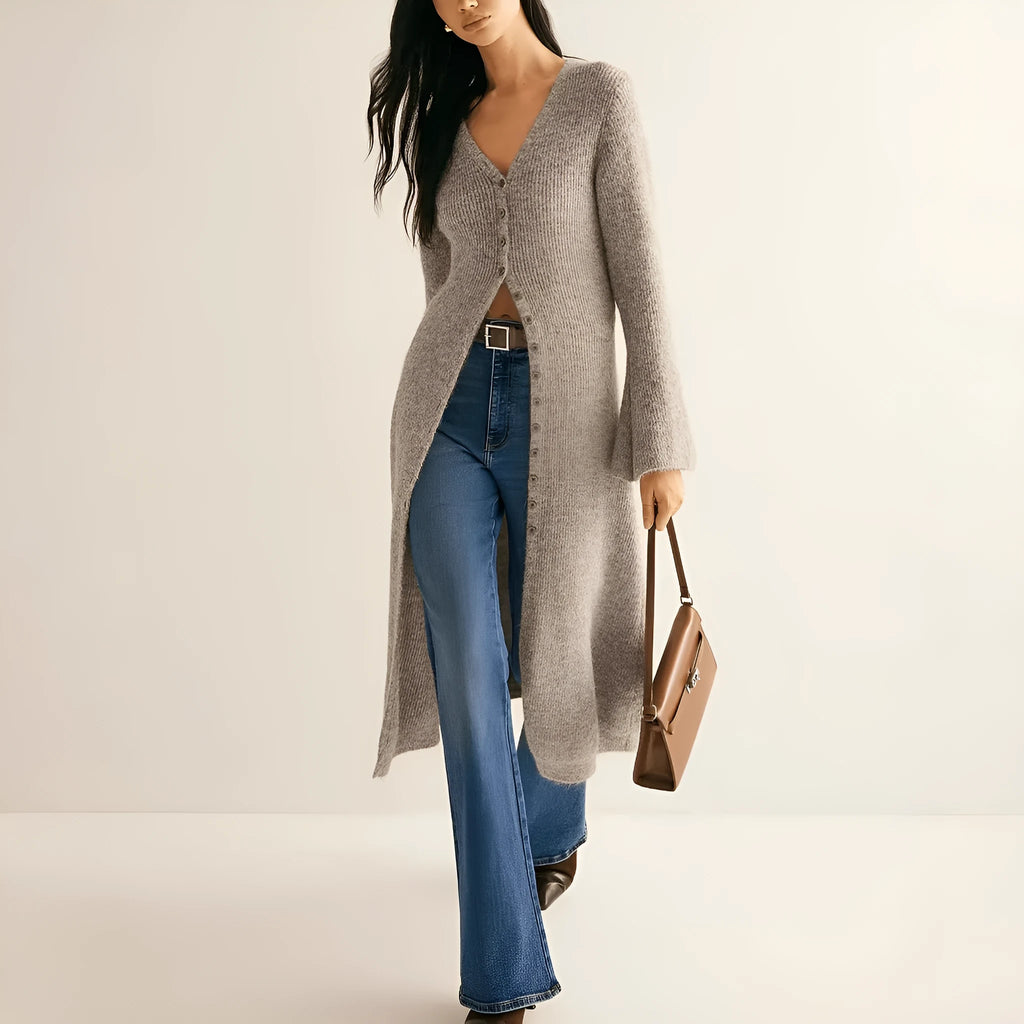 Khaki French style elegant retro women's cardigan with button front closure and long sleeves