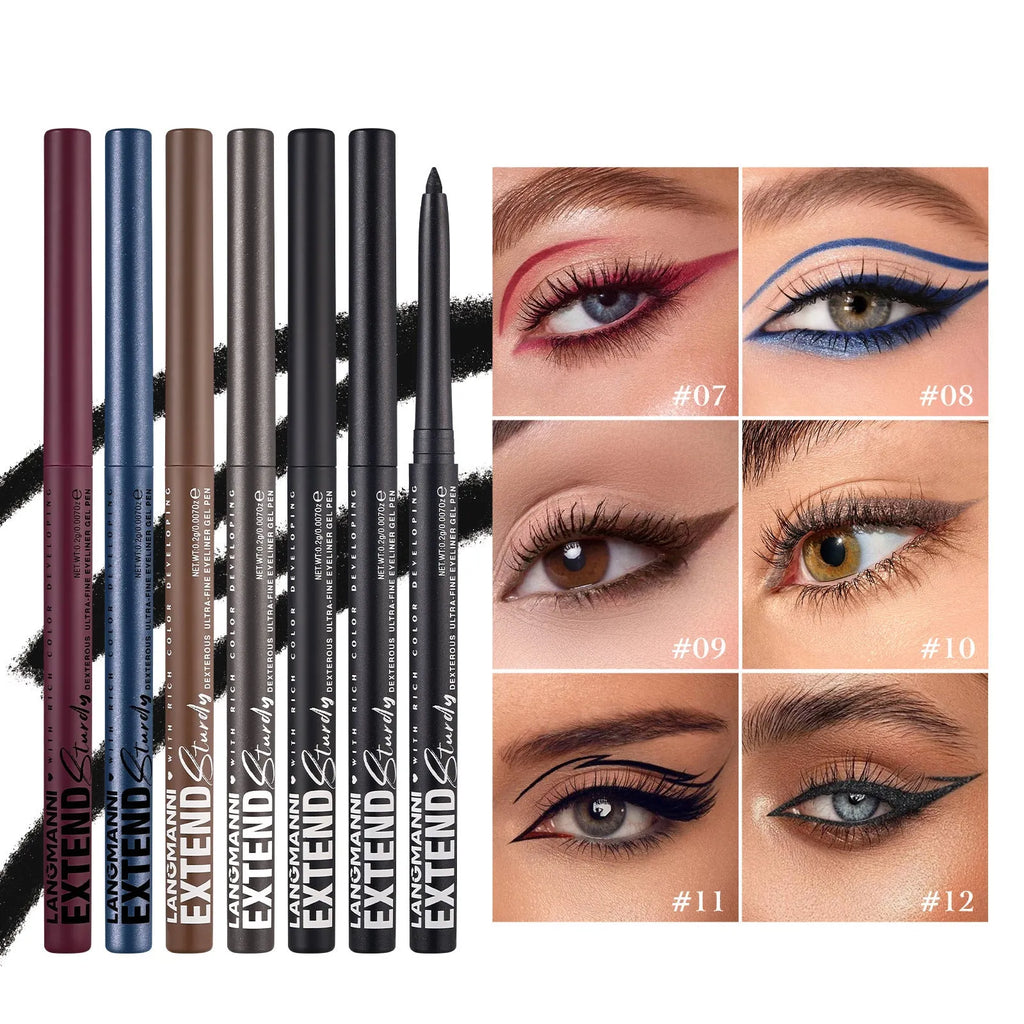 12 colourful gel glitter eyeliner pencils with various shades arranged in a set