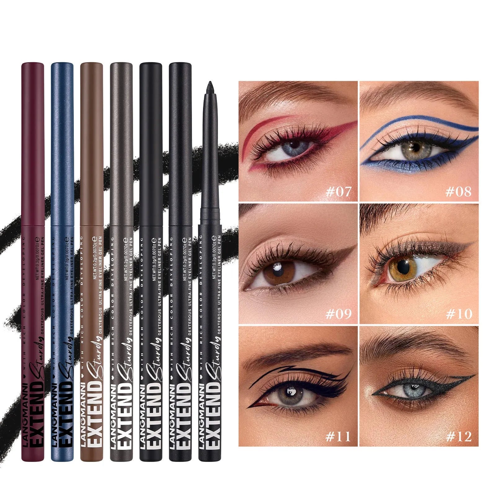 12 colourful gel glitter eyeliner pencils with various shades arranged in a set