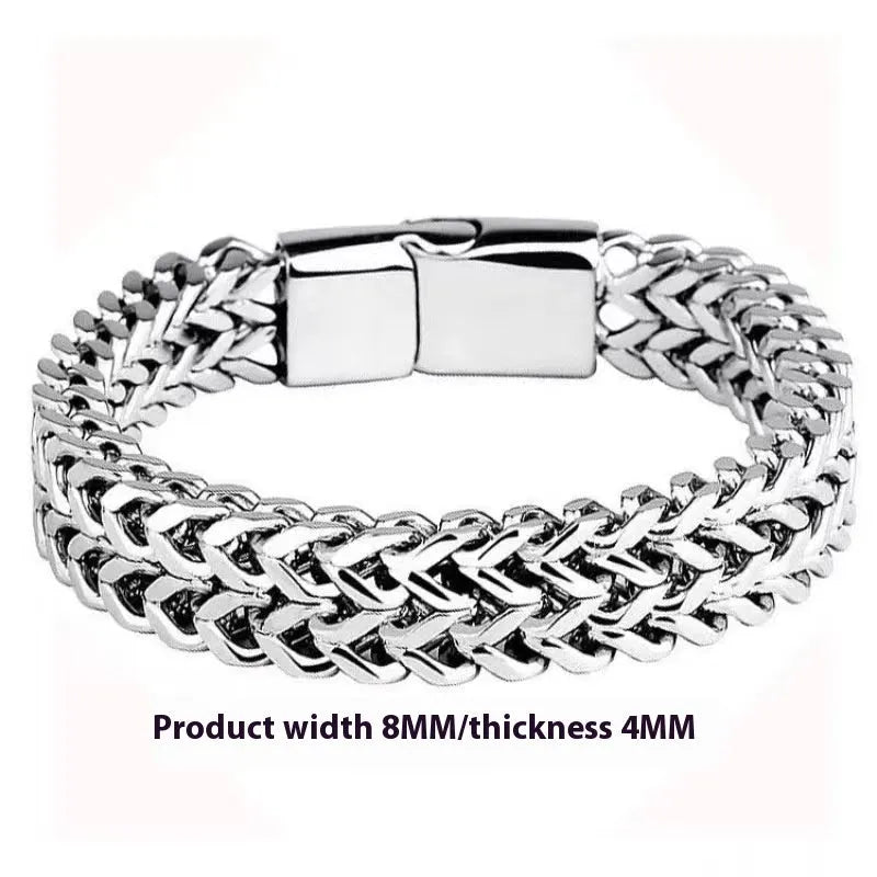 Silver titanium steel men's bracelet with geometric pattern on front and back surfaces