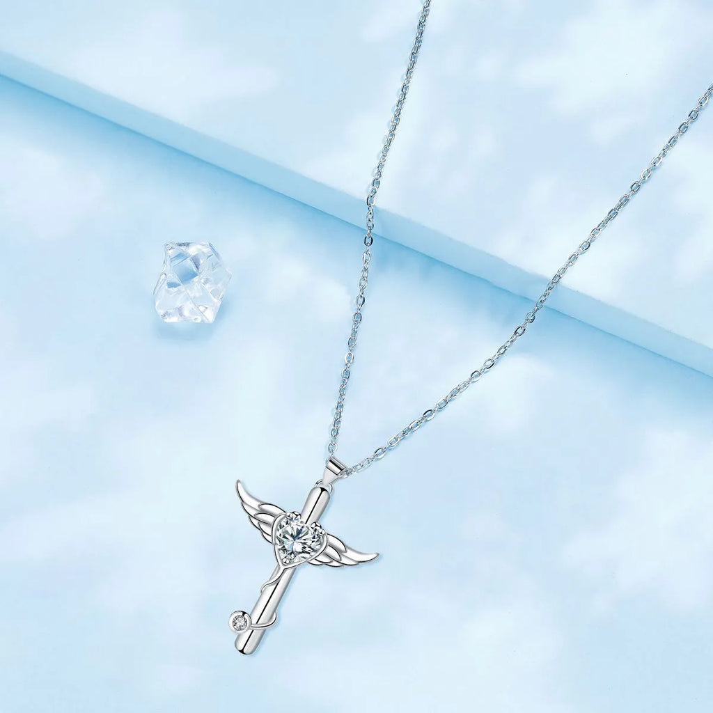 Women's casual wings cross stethoscope necklace in electroplated copper with red diamond or white diamond finish