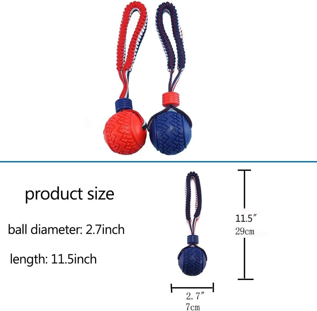 Blue rubber dog ball with attached rope toy for tug of war and dental cleaning