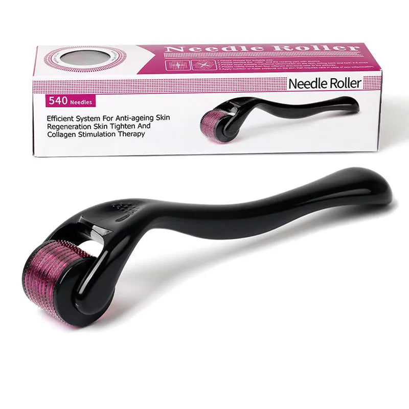 Black and purple derma roller devices with 540 titanium microneedles for face scalp and body treatment