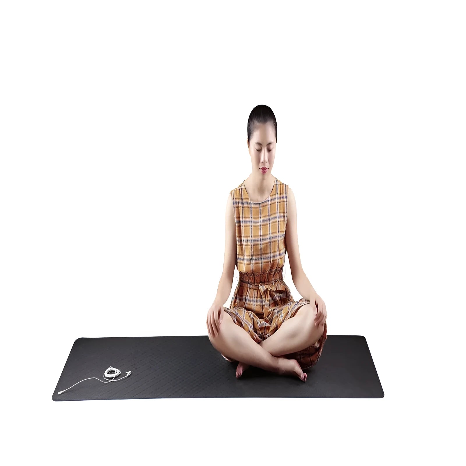Blue conductive yoga mat with grounding wire, showing plant pattern and 182cm length.