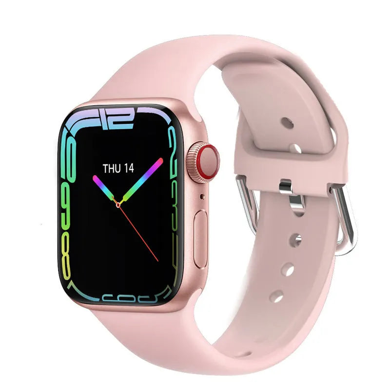 Smart watch with Bluetooth calling and NFC in black, silver gray, or pink, with charging cable and manual