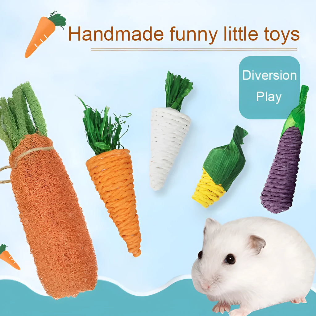 Woven carrot chew toy for hamsters, 20cm loofah carrot option with eggplant 14cm and medium carrot 10cm