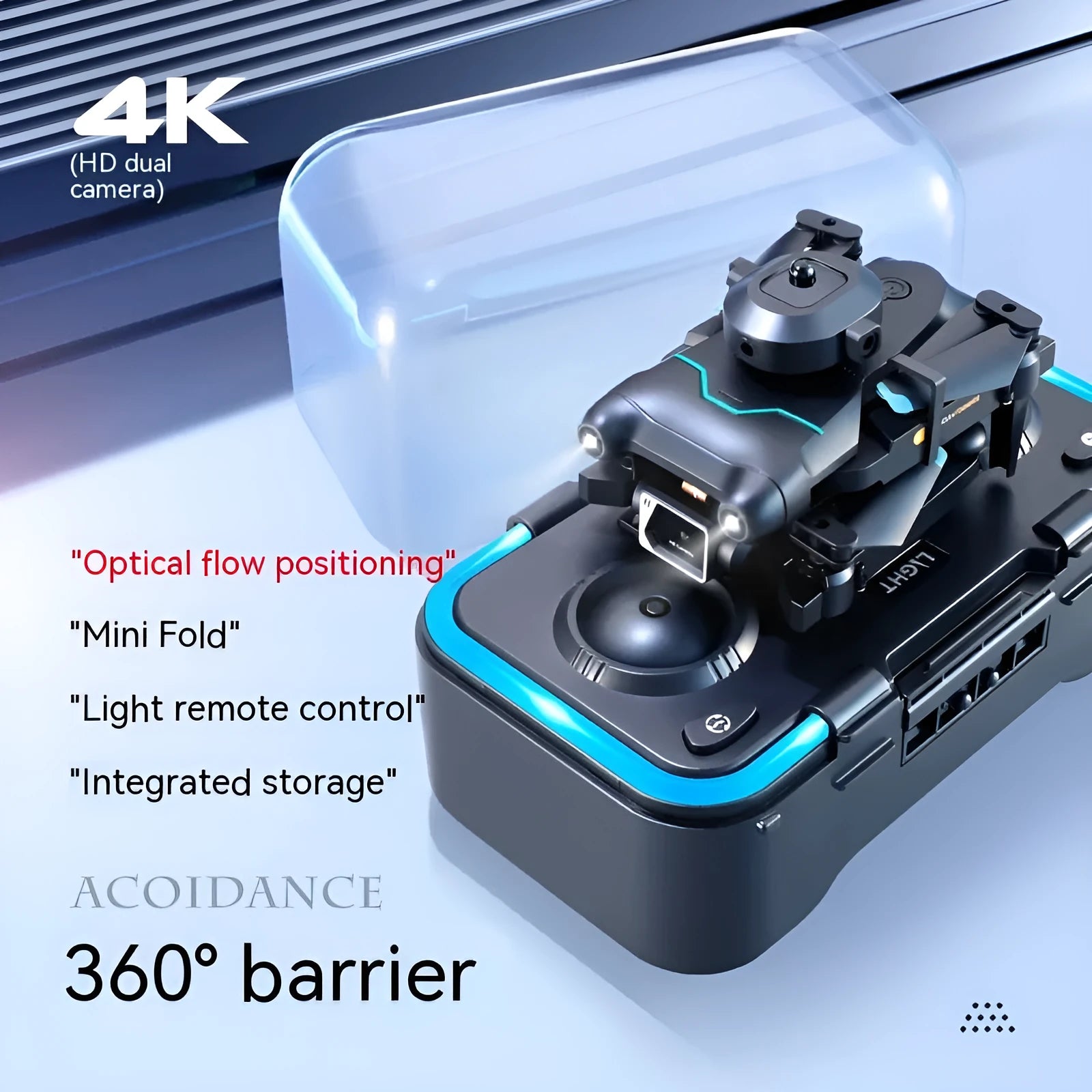 Black four-axis obstacle avoidance drone with mini design under 30cm, shown with dual camera configuration.