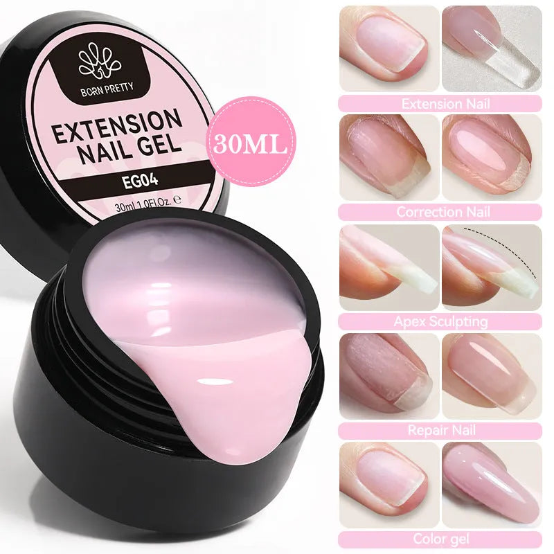 30ml no-wash UV nail extension gel in transparent and nude shades, colour codes EG01 to EG10