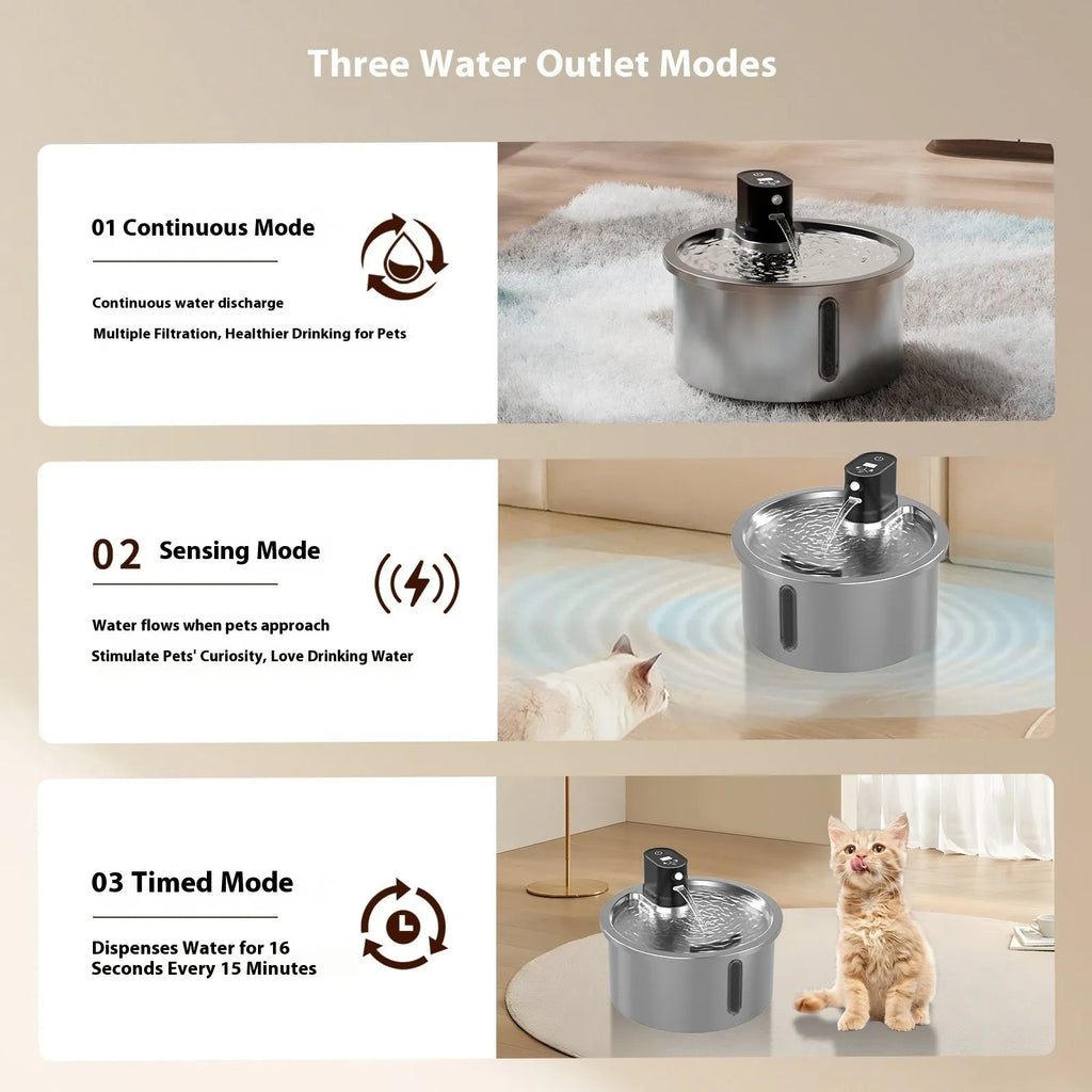 Stainless steel cat and dog water fountain with heating base in black or white colour