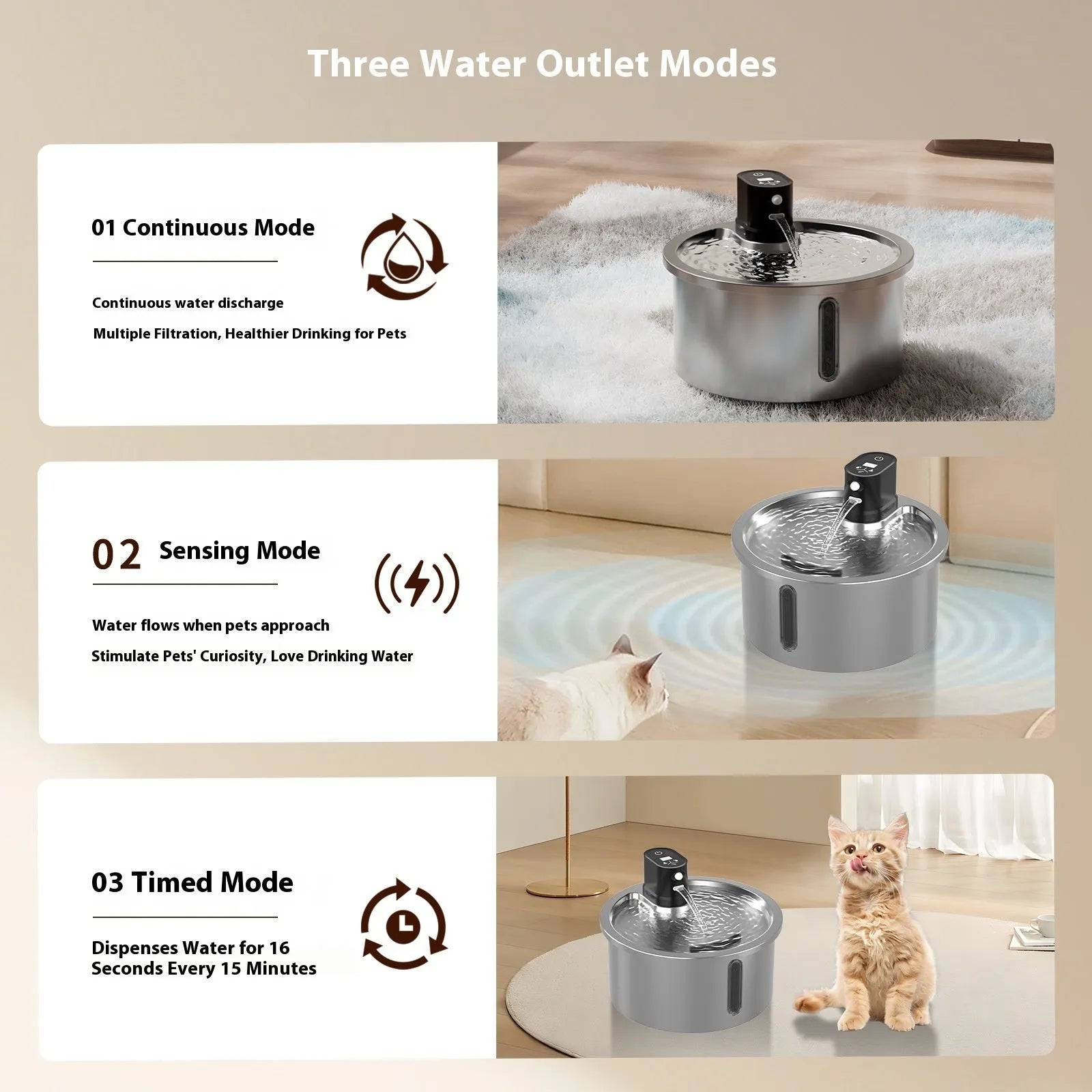 White cat water fountain with stainless steel top and LED display for temperature control on base.