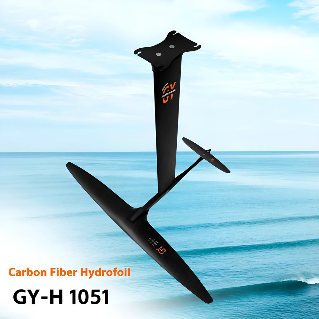 Black carbon fibre hydrofoil surfboard with large aluminium alloy front wing