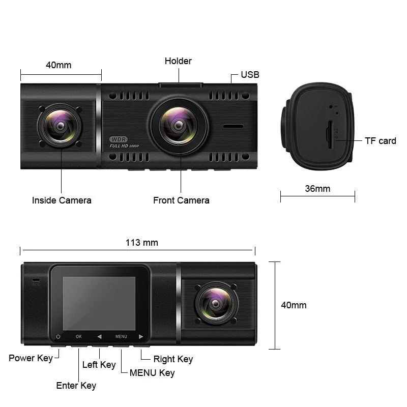 Standard black car dash cam with 1.5-inch screen, mounted on a stand, showing front camera lens