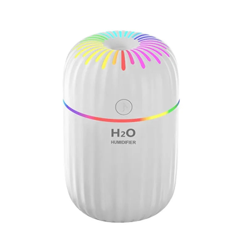 Small white, pink, or green USB-powered mini humidifier with water tank on a desk.