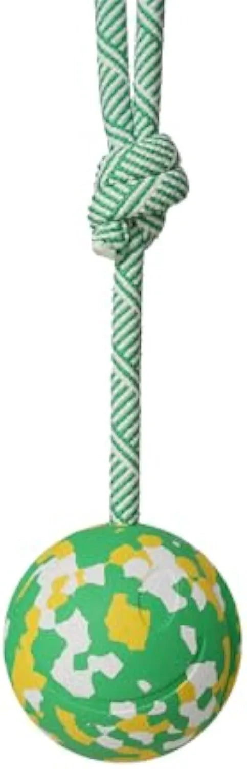Natural rubber dog ball attached to a blue nylon rope, shown in two sizes L and S for interactive play.
