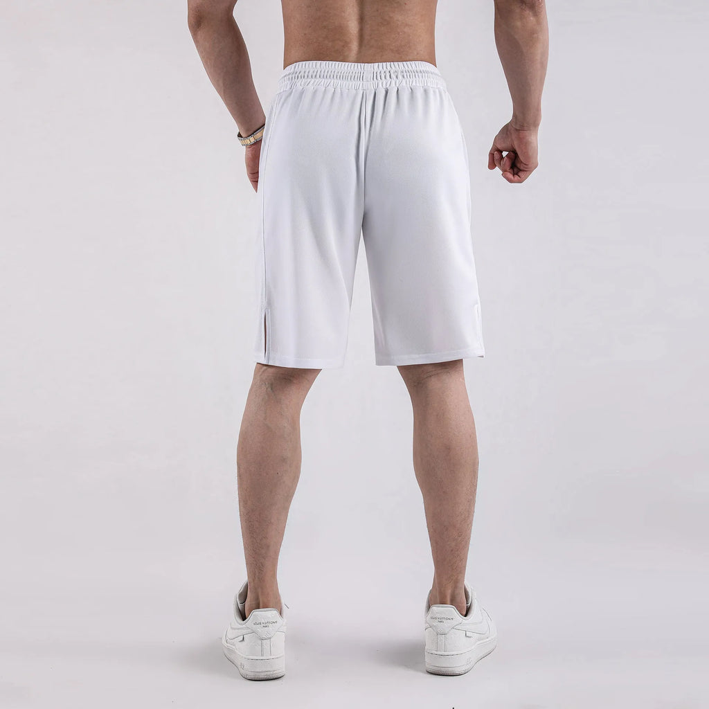 Men's black and white quick-drying loose-fit mesh shorts with elastic waistband.