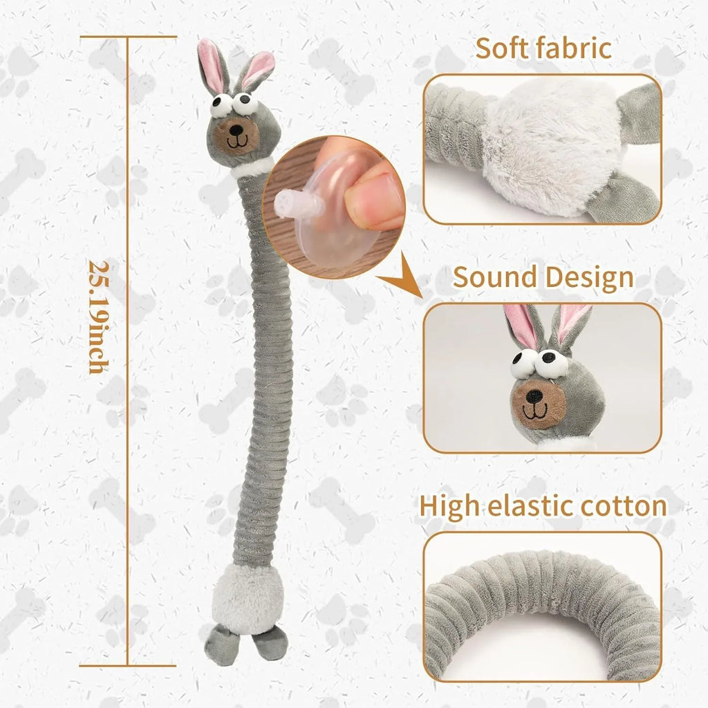 Brown, grey, and yellow plush dog toys with a foldable design for squeaky and crinkle play.