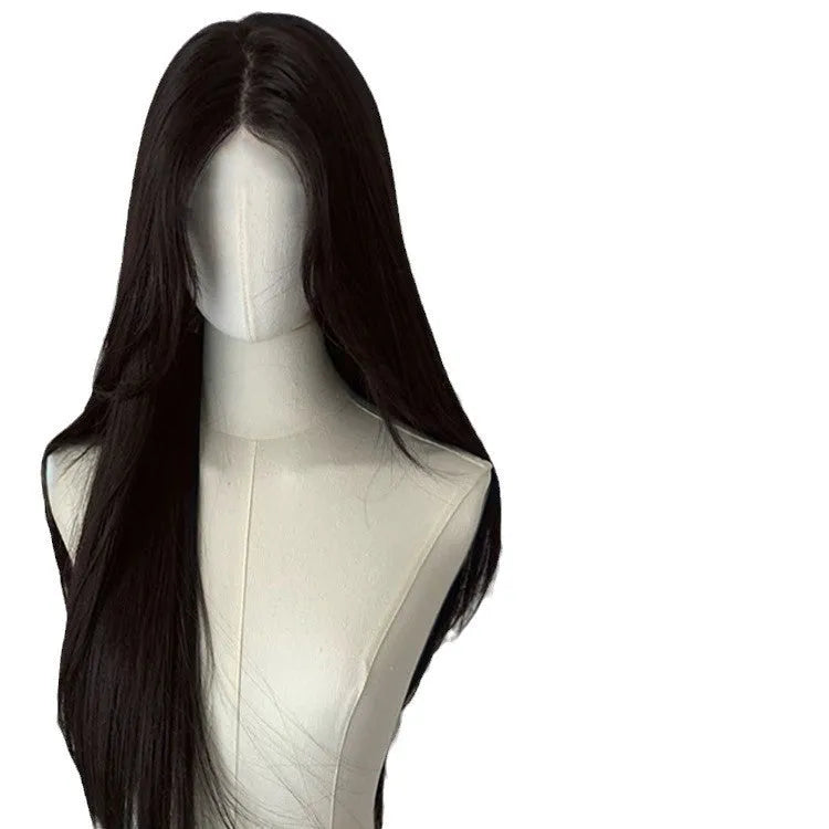 Forehead lace long straight synthetic wig in dark brown and cold brown shades with side bangs.