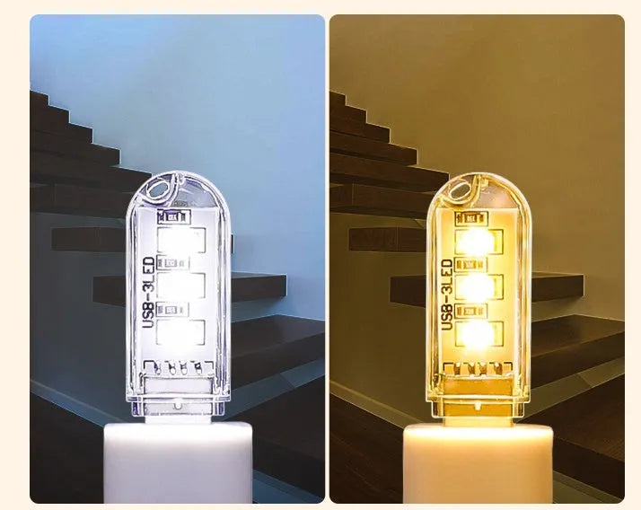 USB-powered baby night light with white and warm light settings, 6cm tall compact design
