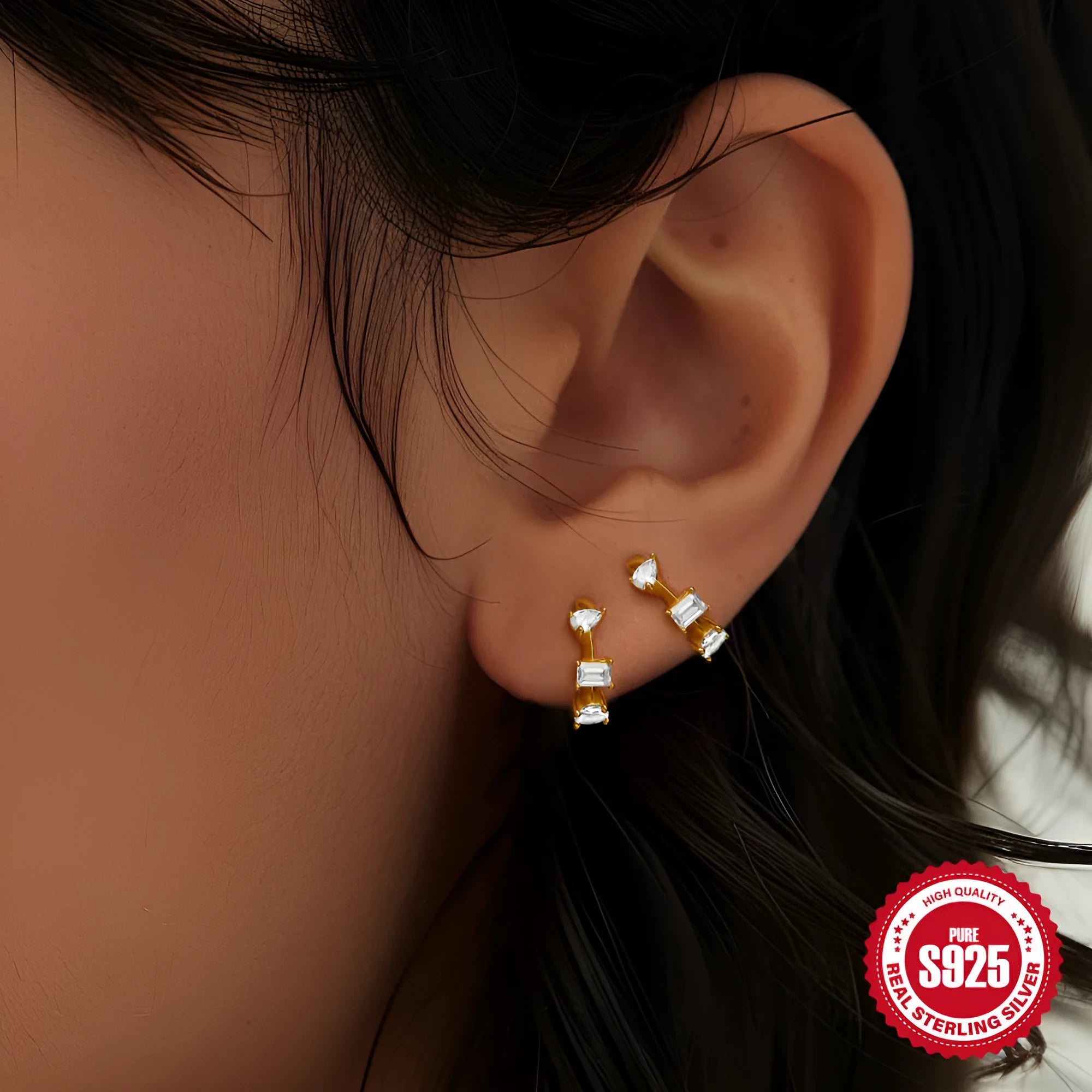 S925 sterling silver geometric stud earrings with circular design in gold or silver colour options