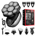 Black rechargeable 6-in-1 haircut kit with shaver, clipper, nose trimmer, attachments, and USB cable on a white background.