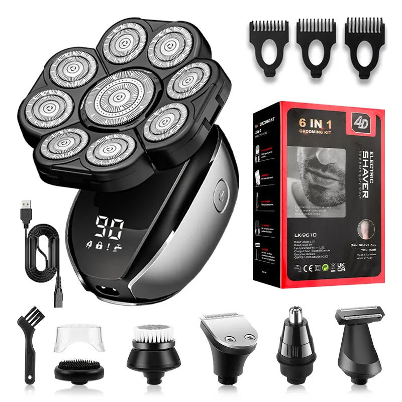 Black rechargeable 6-in-1 haircut kit with shaver, clipper, nose trimmer, attachments, and USB cable on a white background.