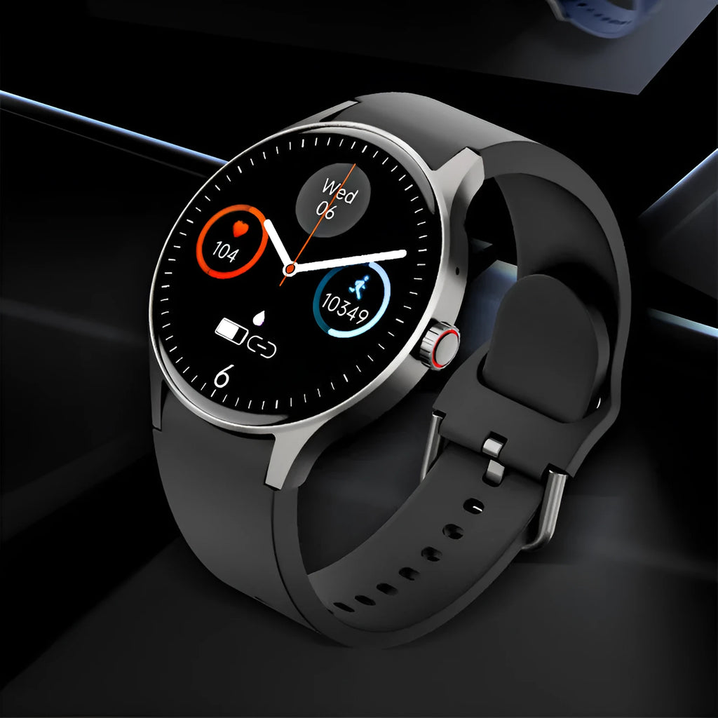 Smart Bluetooth sport watch with circular AMOLED display in black, blue, pink, or red colours