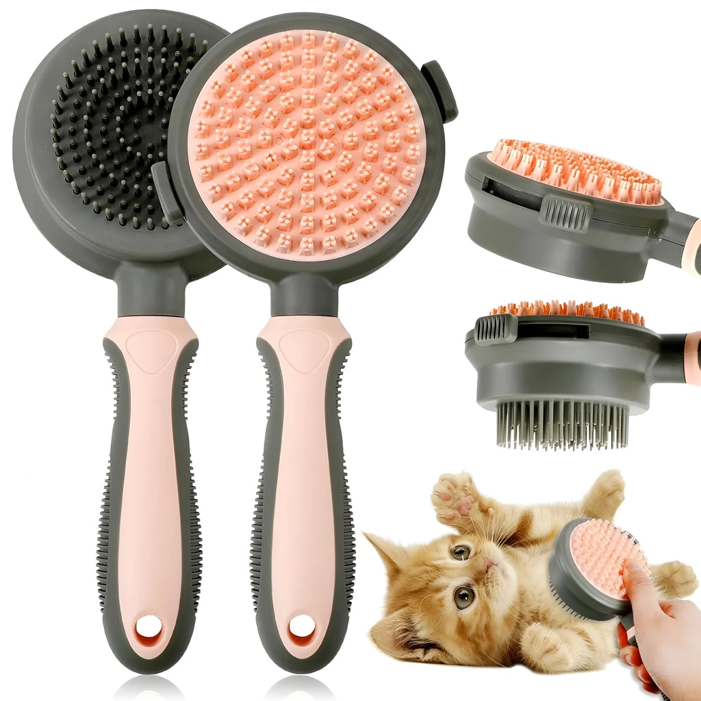 Double-sided cat grooming brush with release button in pink colour