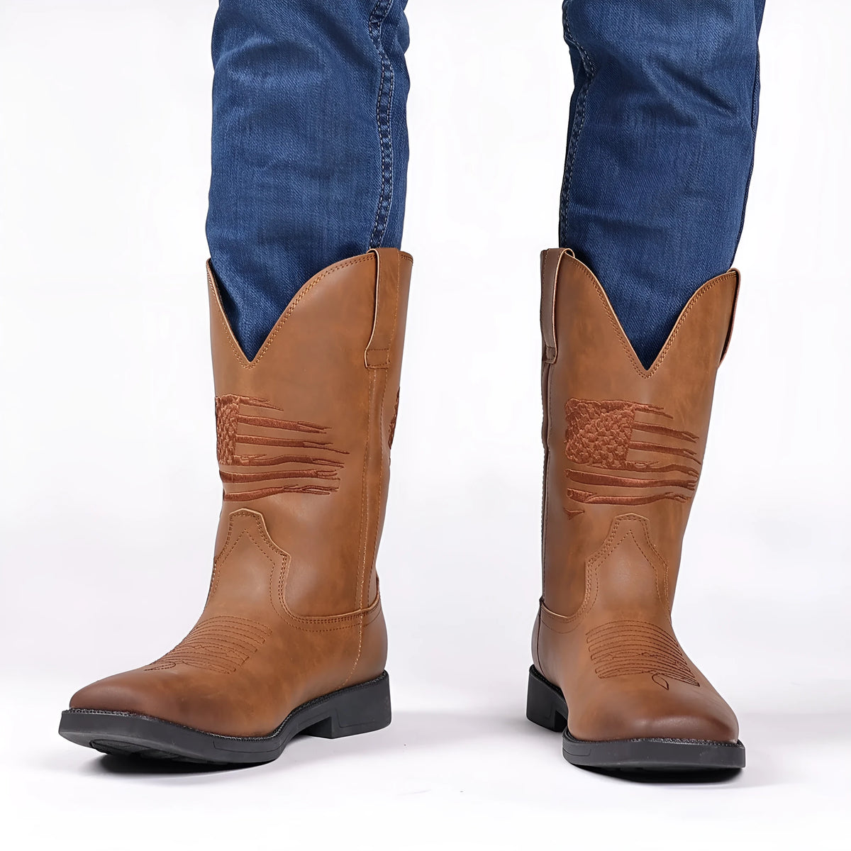Men's brown high embroidered retro cowboy boots with square toe and horseshoe heel