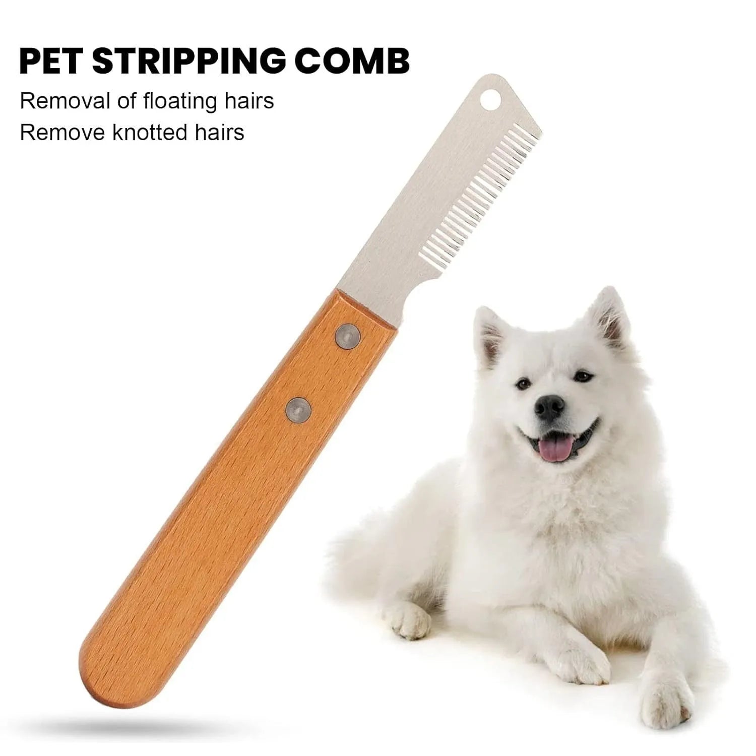 Wood handle dog stripping comb grooming tool for long-haired pets in two size options