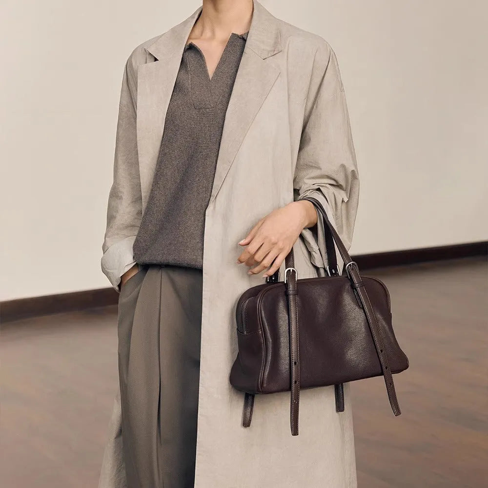 Retro brown genuine leather women's shoulder bag with double straps and external pockets