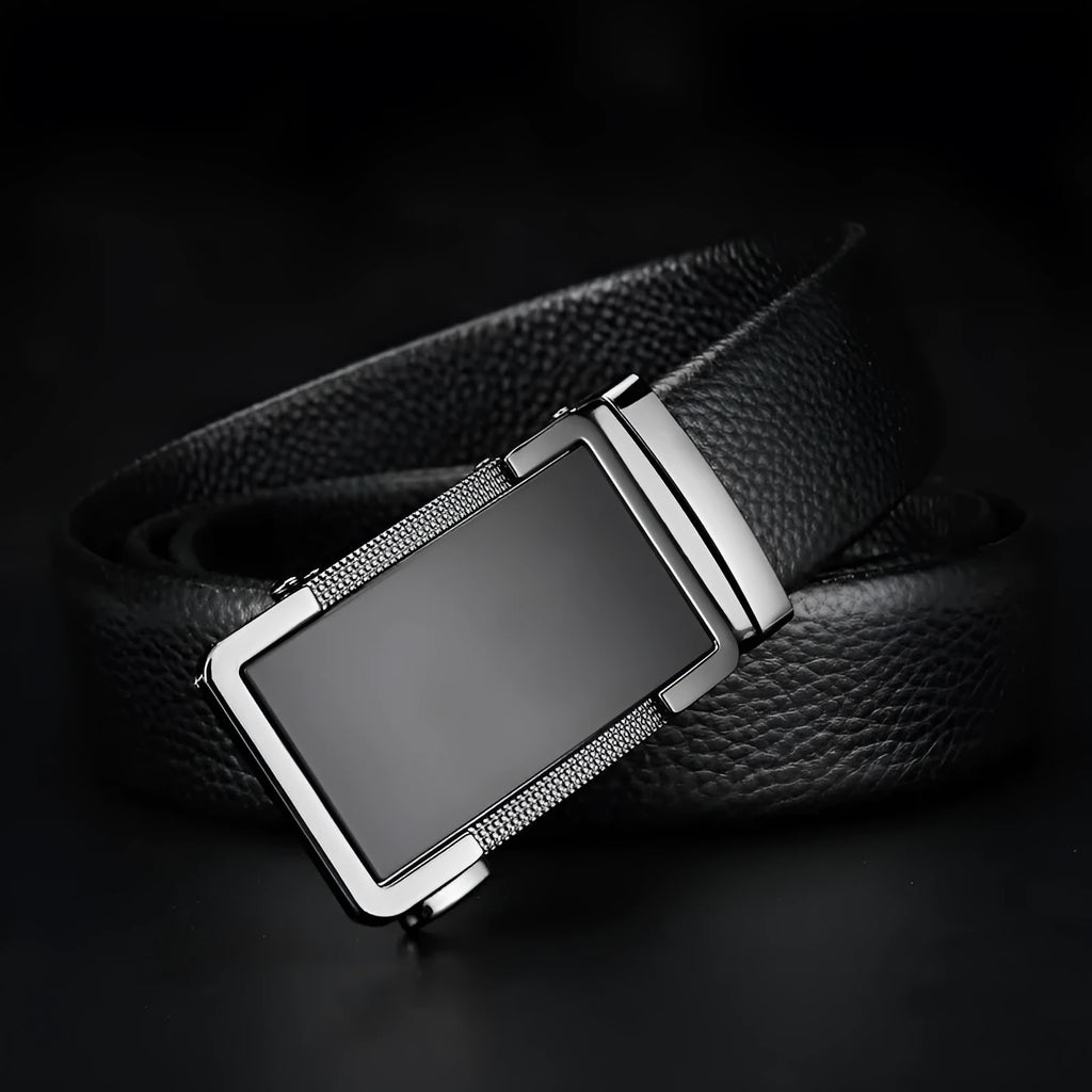 Men's gun black leather belt with a silver automatic Comfort Click buckle, shown adjusted to a mid-length.