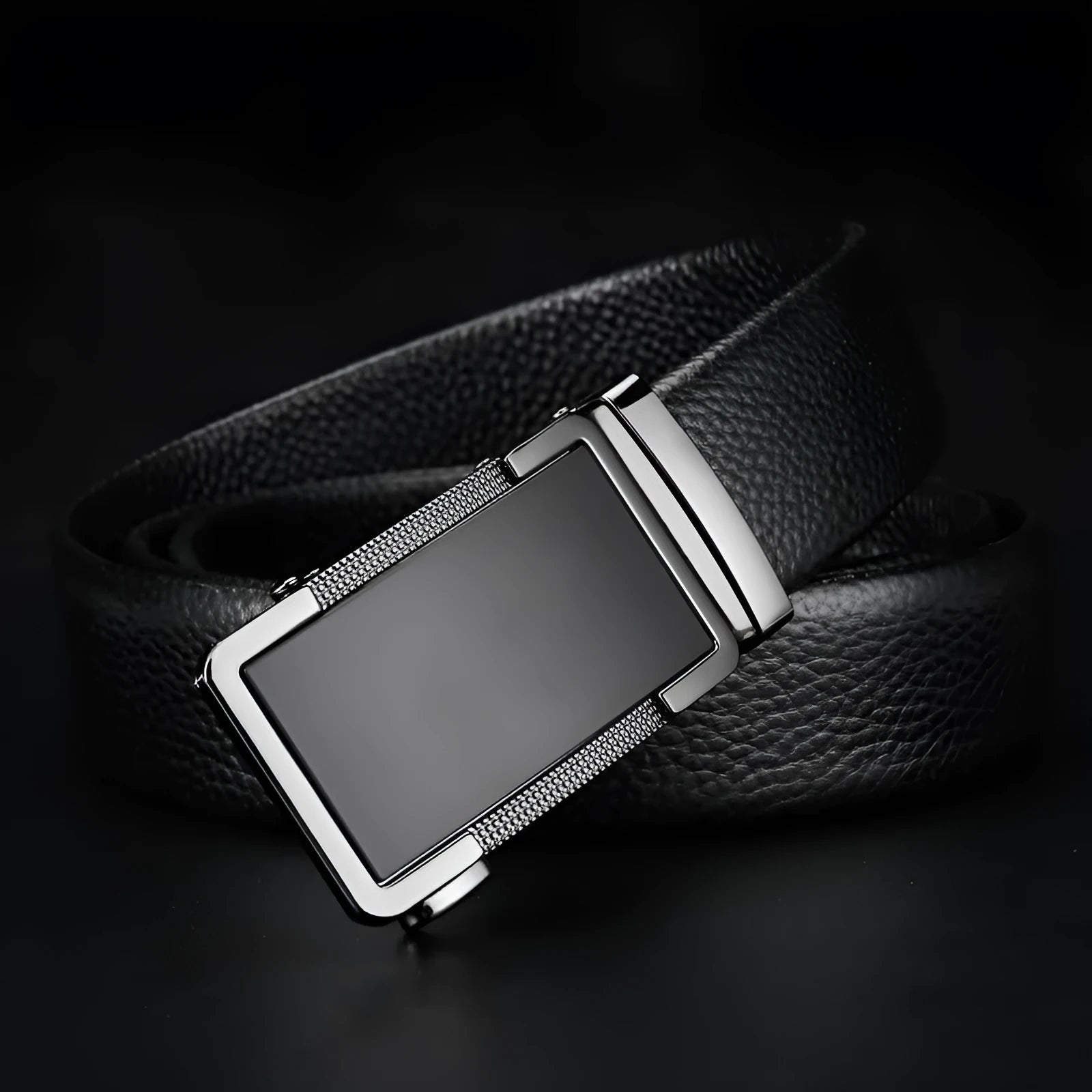Men's gun black leather belt with a silver automatic Comfort Click buckle, shown adjusted to a mid-length.