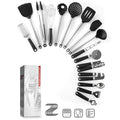 Black silicone and stainless steel kitchen utensil set with 16 pieces including four utensil types