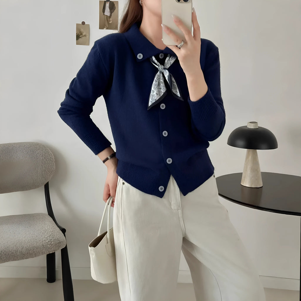 Women's lapel scarf collar acrylic cardigan sweater in milky white colour with long sleeves