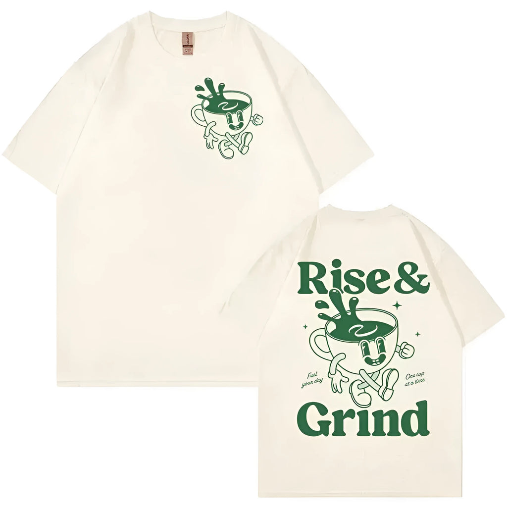 Loose fit linen T-shirt with Rise And Grind green coffee bag cartoon print, shown in multiple colours.