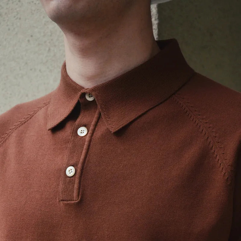 Retro slim fit short-sleeved cotton t-shirt in dark brown, shown on a model.