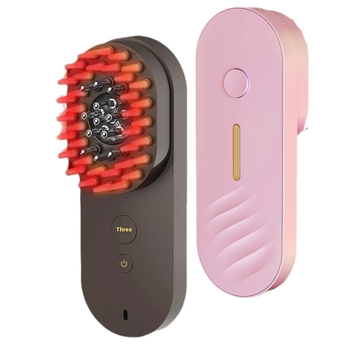 Pink and black smart massage comb with red light for scalp care, shown actual size under 10cm.