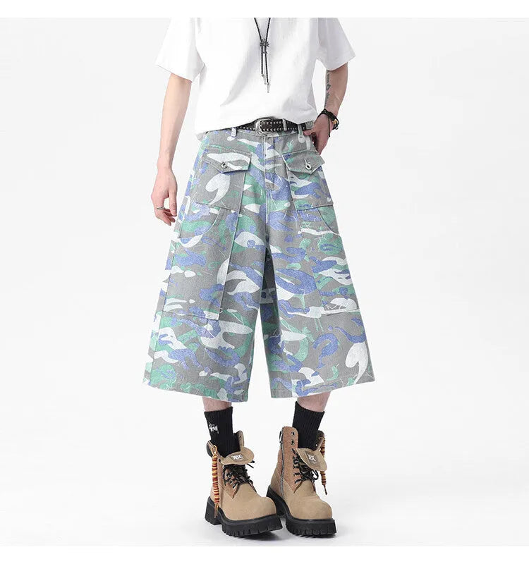 Camouflage colour cotton denim cropped work trousers with patch pockets and straight leg cut