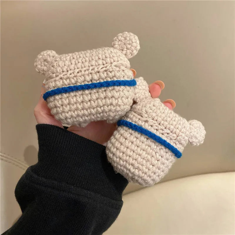Handmade knitted koala bear backpack design protective case for AirPods charging case.
