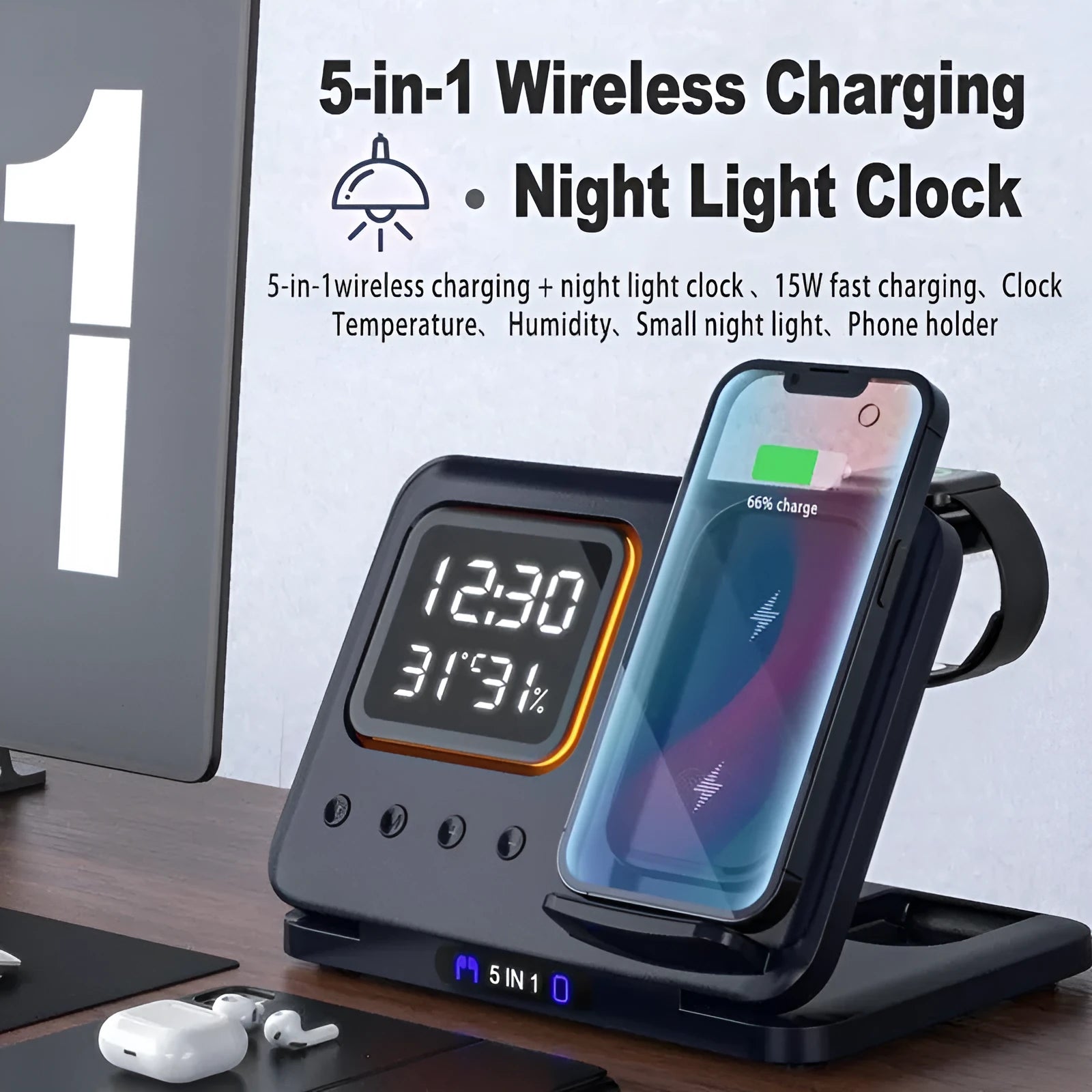 Black or white 5-in-1 wireless charging station with LED display showing time and temperature, charging phone and watch.