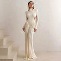 Long sleeve high collar slim fit dress with pleated backless design in solid colour options