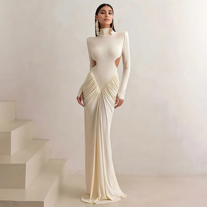 Long sleeve high collar slim fit dress with pleated backless design in solid colour options