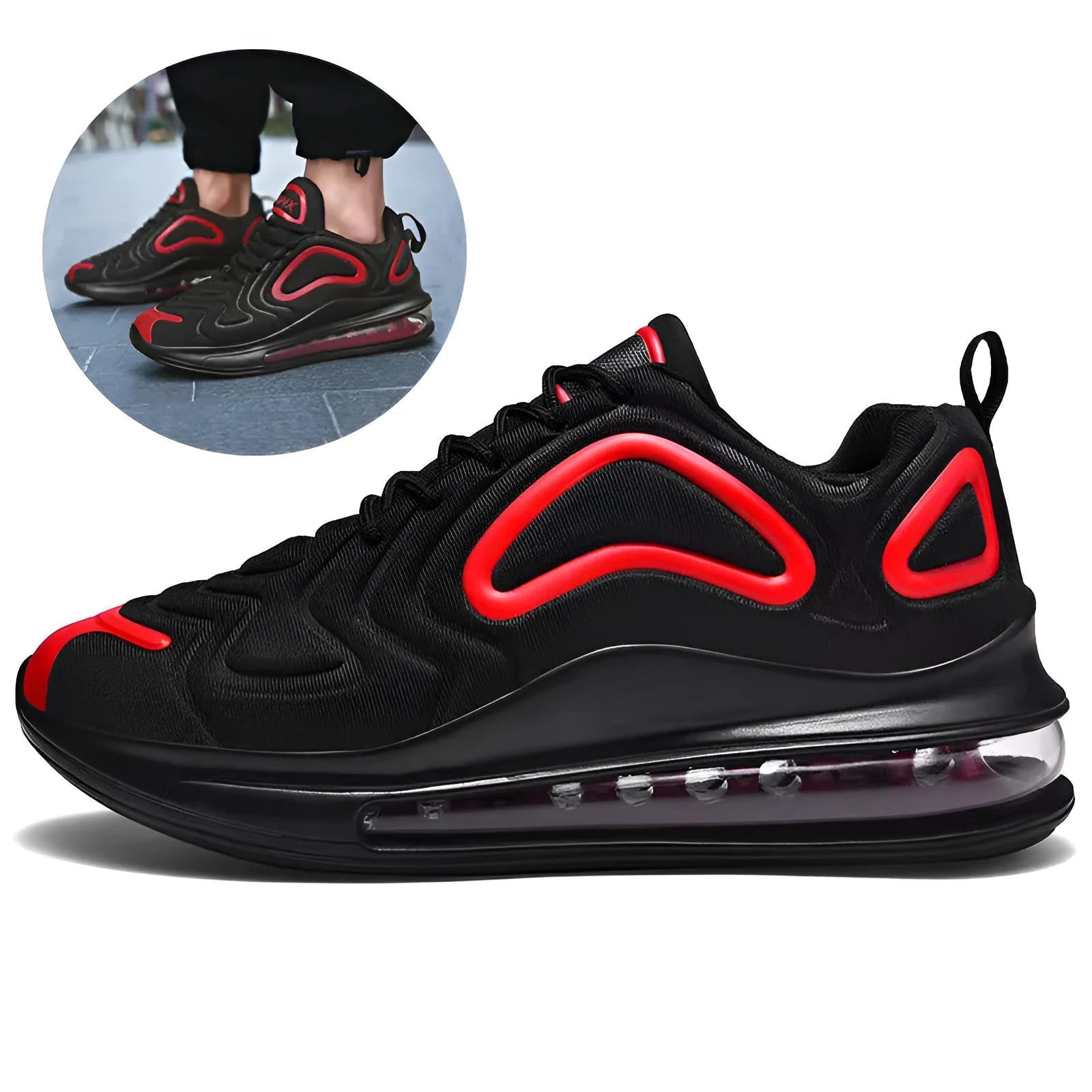 Men's black casual sneakers with artificial PU upper, thick plastic sole, and front lace-up design for outdoor sports.