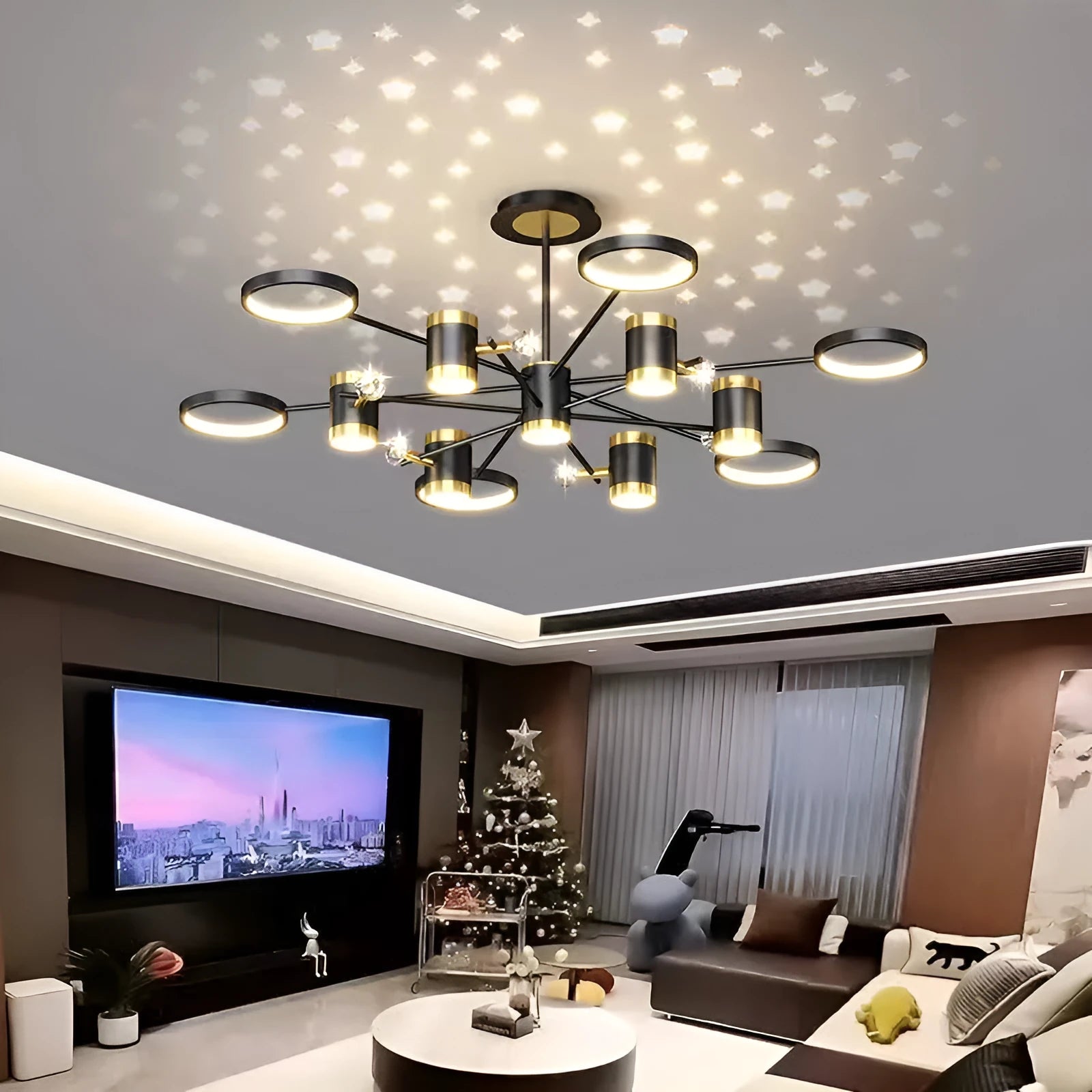 Black iron chandelier with 13 heads and remote control for smart home lighting