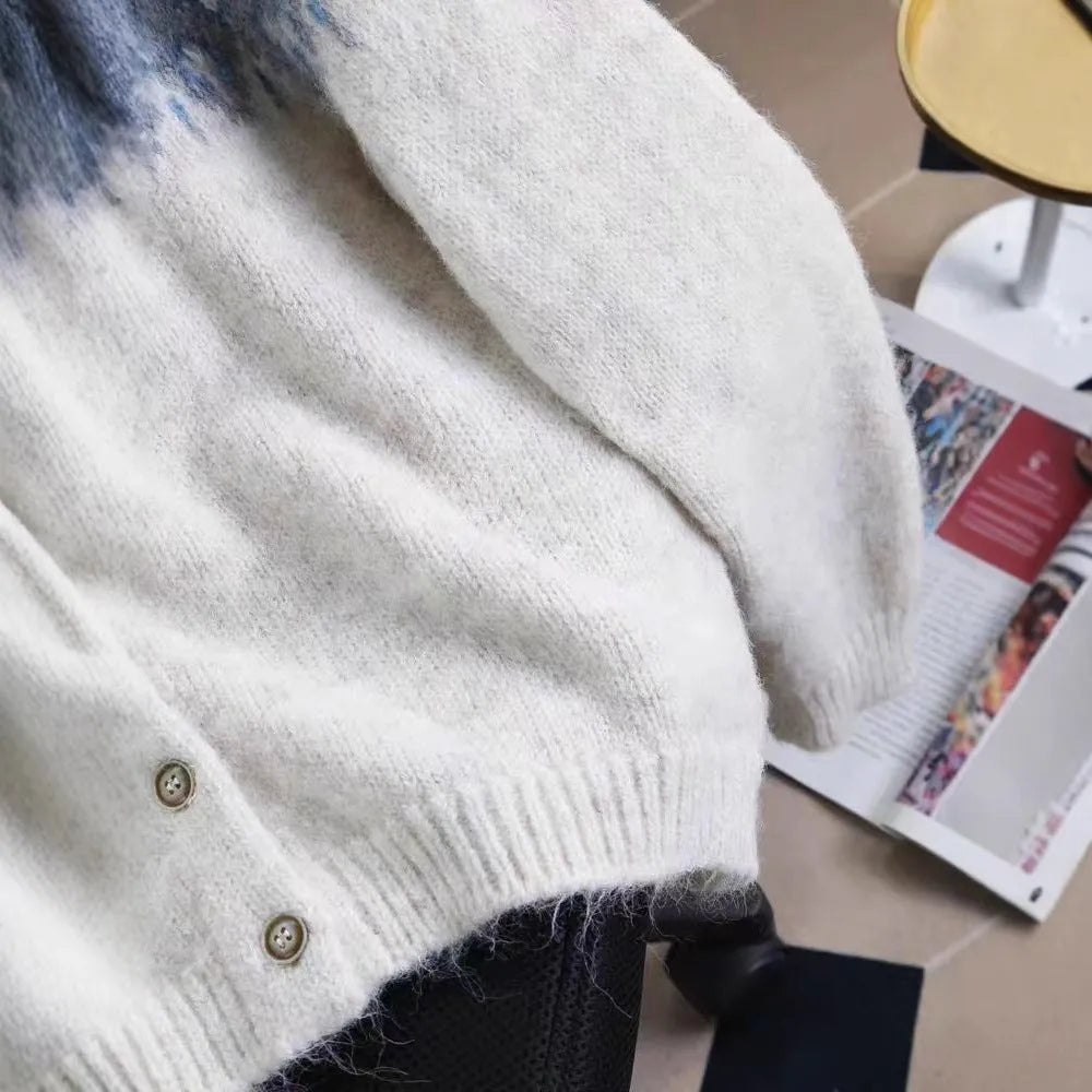 Women's contrast colour jacquard sweater coat in loose fit free size with regular long sleeves