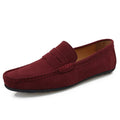 Men's brown suede slip-on loafers with round toe and flat rubber sole