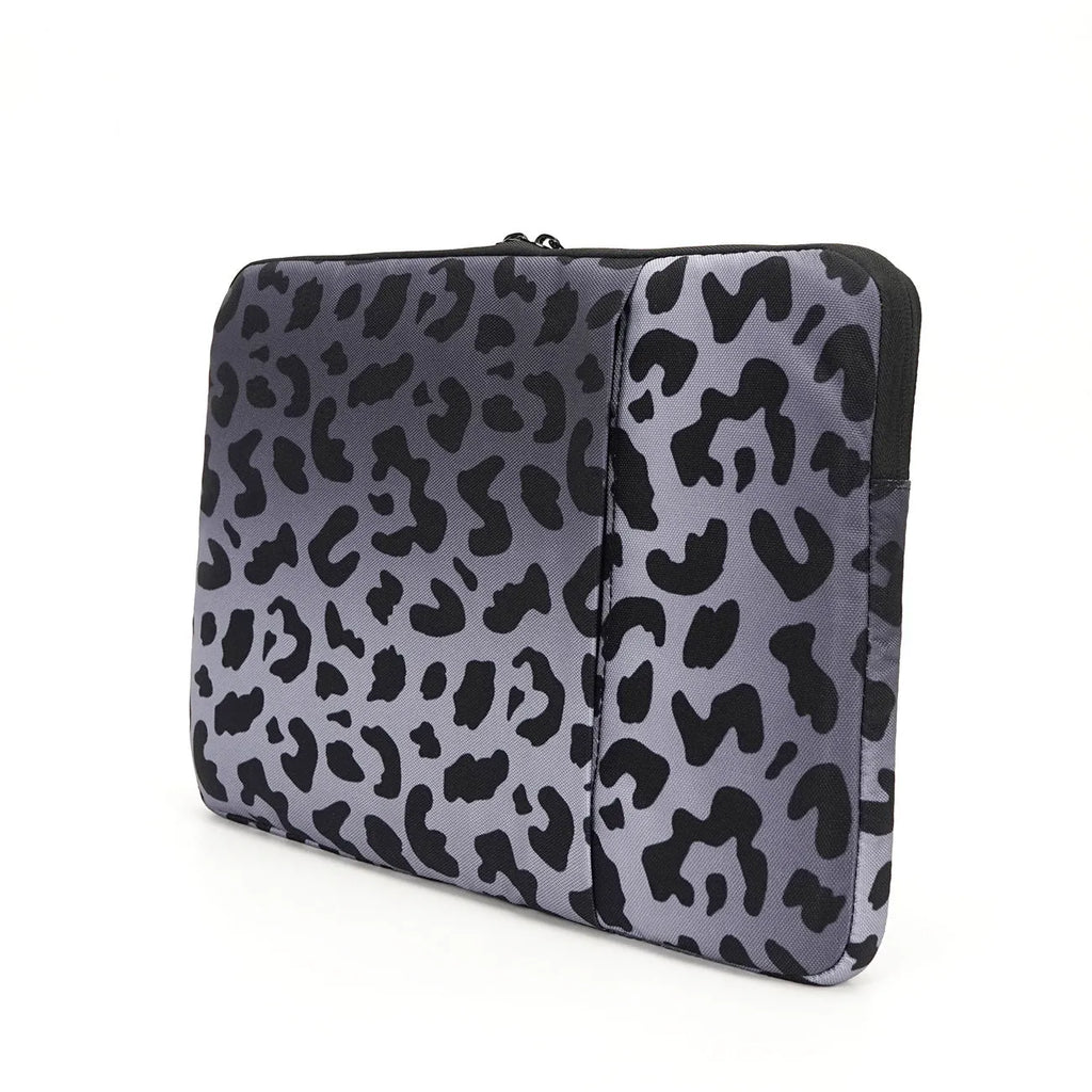 Leopard print laptop sleeve for 13-inch and 15.6-inch computers with waterproof anti-shock protection.