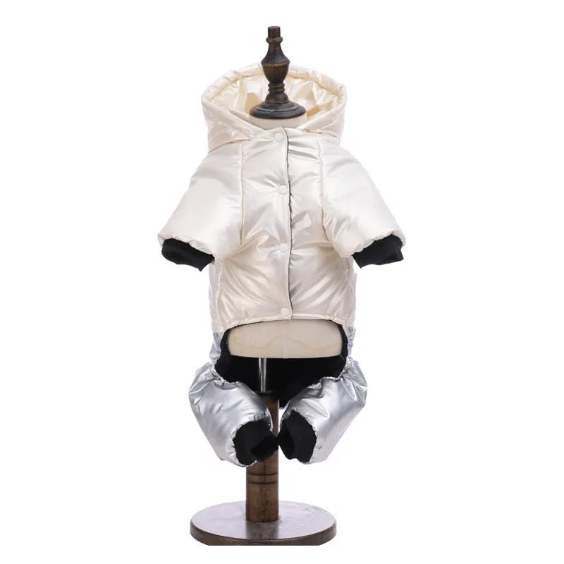 Green waterproof cotton-padded dog coat with four-legged coverage on a large dog.