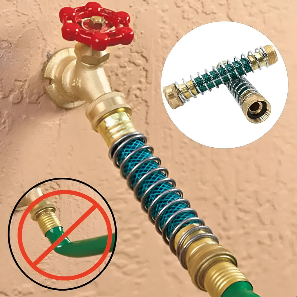 Brass garden hose connector with spiral spring to prevent kinks, showing 3/4 inch threaded ends