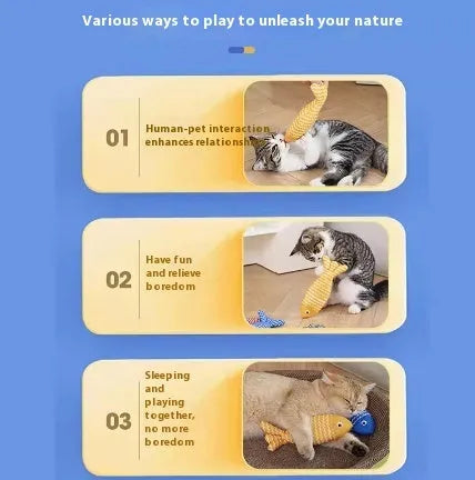 Catnip-stuffed fish toy for cats in blue, red, or yellow colours